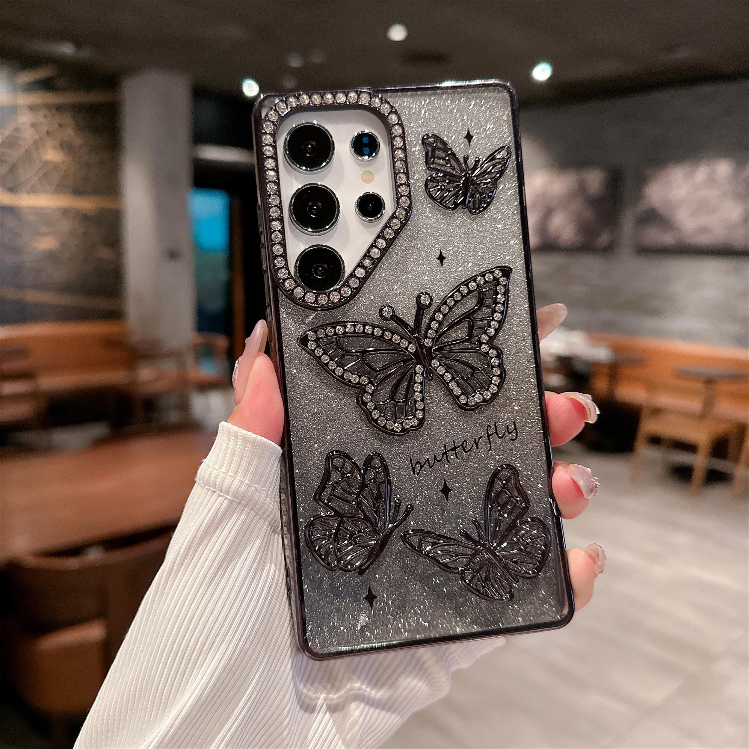 3D Inlaid Rhinestone Butterfly Phone Case – Compatible with iPhone 17/16/15/14/13/12 | Gradient Glitter Electroplated Finish, Transparent Full-Cover Soft Silicone, 3D Inlaid Rhinestone Protective Case