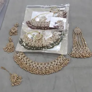 Bridal Jewelry 4pcs Set - Indian Pakistani Gold Necklace, Earrings, Tikka and Passa