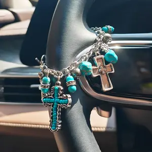 Western-Style Faux Turquoise Inlaid Car Pendant, Trendy Steering Wheel Decoration, Car Hanging Decoration, Perfect Holiday Birthday Gift