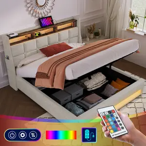 Full/Queen size Upholstered Platform bed with a Hydraulic Storage System, LED and USB Charging, Natural (without mattress)