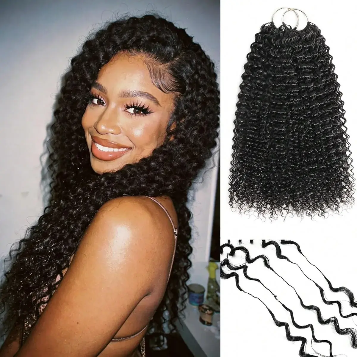 Hot Miracle Knot Hair Kinky Curly Feather Crochet Human Hair Pre Looped Human Crochet Hair Deep Wave Boho Braids Crochet Human Hair Burmese Curly Miracle Knots Crochet Human Hair,Pre-Separated Hair ，50g/pack 4~5Bundles be a Full head