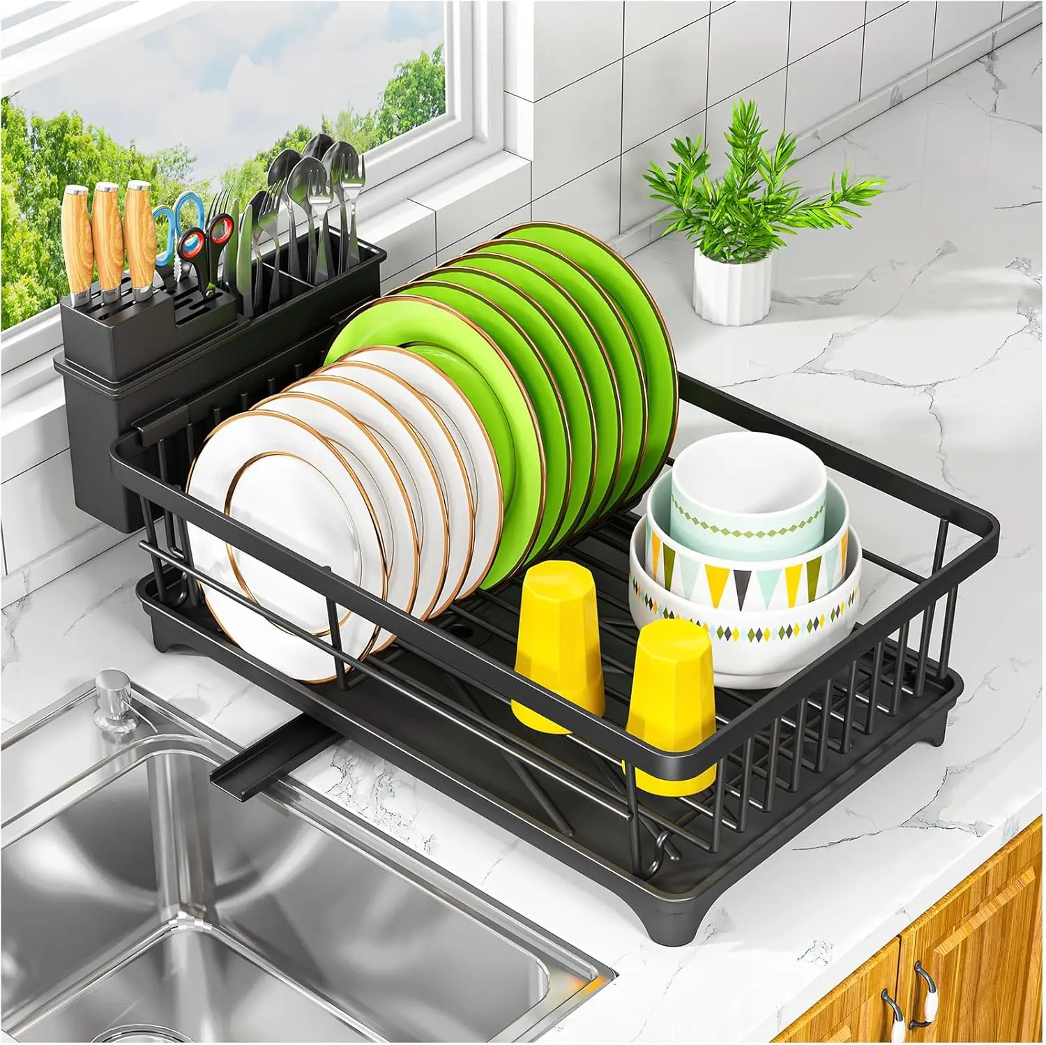 Dish Drying Rack - Space-Saving Small Dish Rack for Kitchen Counter, Rust-Resistant Kitchen Drying Rack, Compact Dish Drainer Organizer with Utensil Holder for Home Kitchen, Black