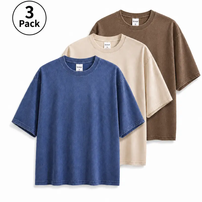 Men's 3-Pack 100% Cotton 230GSM Oversized Round Crew Neck Short-Sleeve Foldable Washed Plain Streetwear Tshirts - Cold Wash, All Seasons Clothes for Women, Casual Basic Tops (Blue, Apricot, Coffee, Beige)