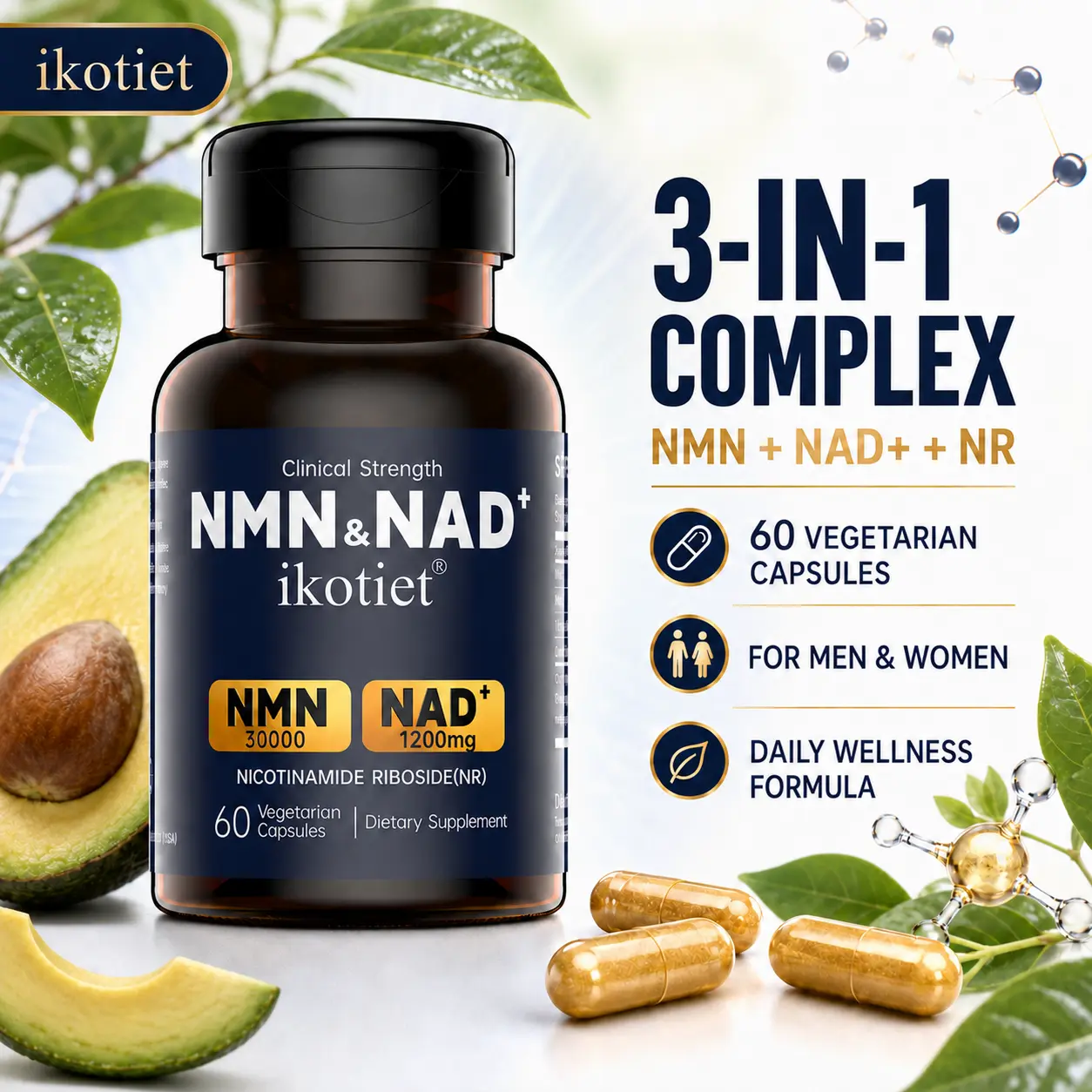 ikotiet NMN & NAD+ Triple Complex Vegetarian Caps Beauty Supplement, with Collagen Peptides, Cellular Boost, Dietary Healthcare Supplement, 300 Count (60 Servings, 150-Day Supply), Full Bottle + Trial Pack, Adult Brain Health Daily Wellness Support