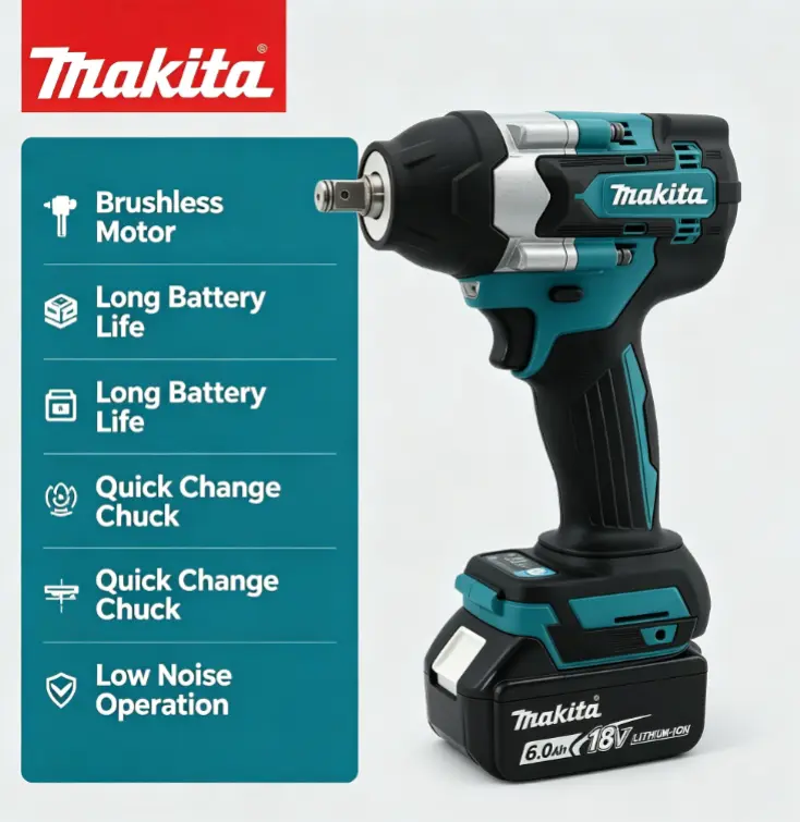 Makita DTW700 18V LXT Brushless 1/2" Cordless Impact Wrench, 520ft‑lbs Fastening 740ft‑lbs Nut‑Busting Torque, 4‑Speed Auto‑Stop Mode, Friction Ring Anvil, Twin LED Light, Heavy‑Duty for Truck Auto Repair, Bare Tool Only
