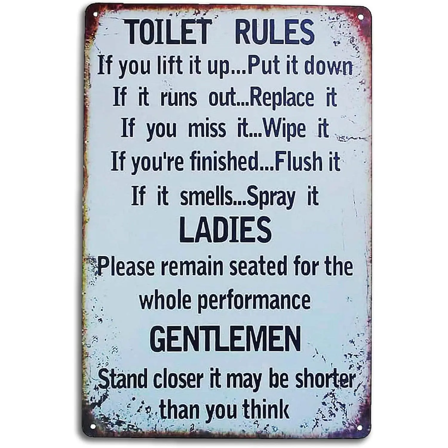 Vintage Metal Tin Sign - Retro Funny Light Hanging Toilet Rules Plaque, Farmhouse Home Decor for Bathroom Walls, 8x12 in