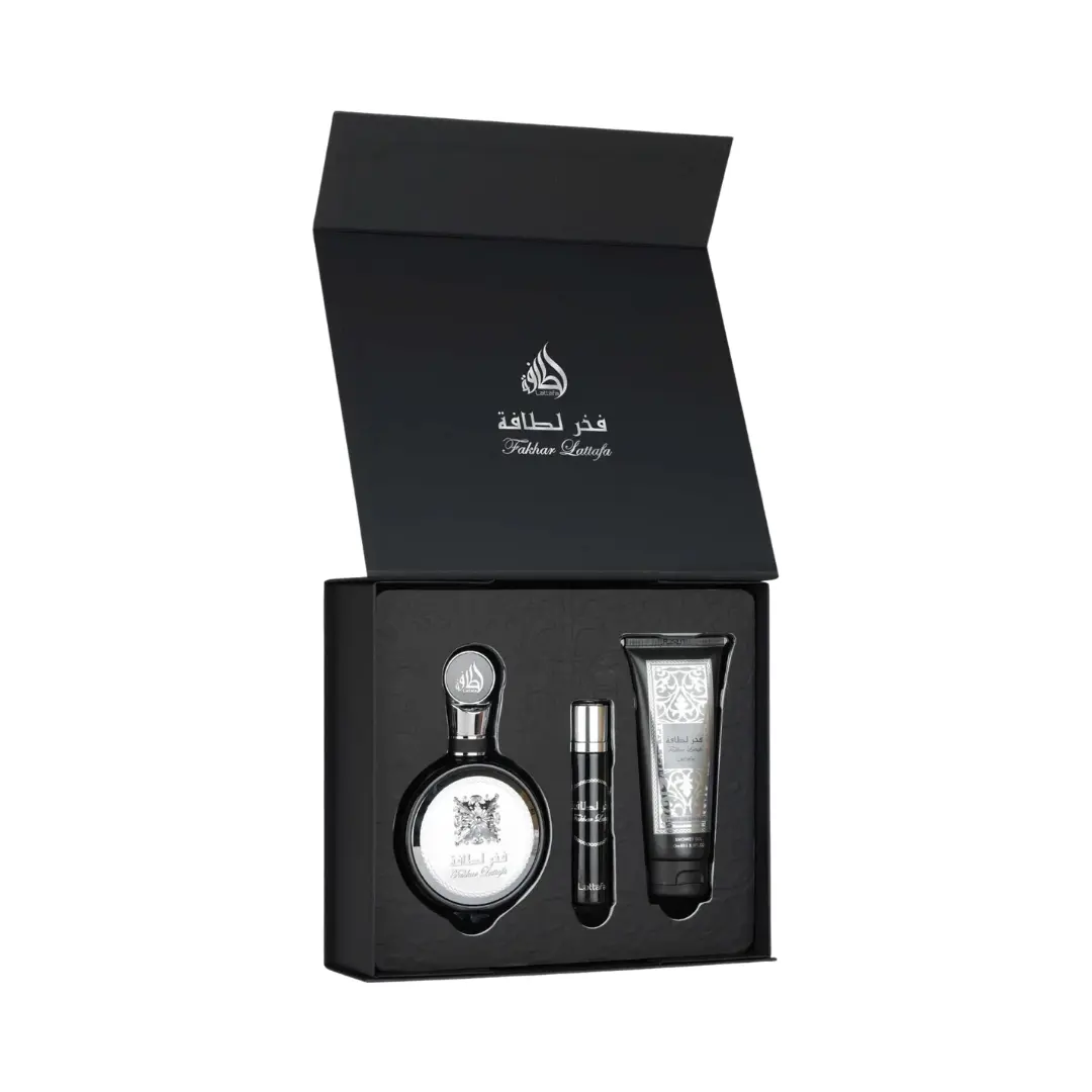 Lattafa Set Fakhar Black 3.4 Oz Edp + Travel 0.30 Oz + Shower Gel 3.4 Oz Men