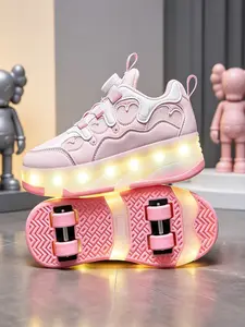 Kids Light-Up 4-Wheel Roller Skate Shoes, LED Flashing Heelys Style Shoes, Adjustable Knob Casual Skate Shoes for Boys Girls
