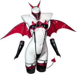 Halloween  Premium Devil Nurse Red PU Bodysuit (with Wings & Boots) | Witchy Corset Vest Cosplay Outfit（KO17 KORURACLUB）