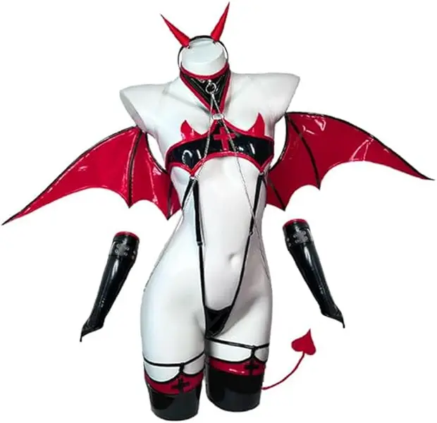 KORURACLUB Women's Halloween Devil Nurse Costume (KO17) - Premium Red PU Bodysuit, Witchy Corset Vest, Wings, Witchy Clothes & Accessories