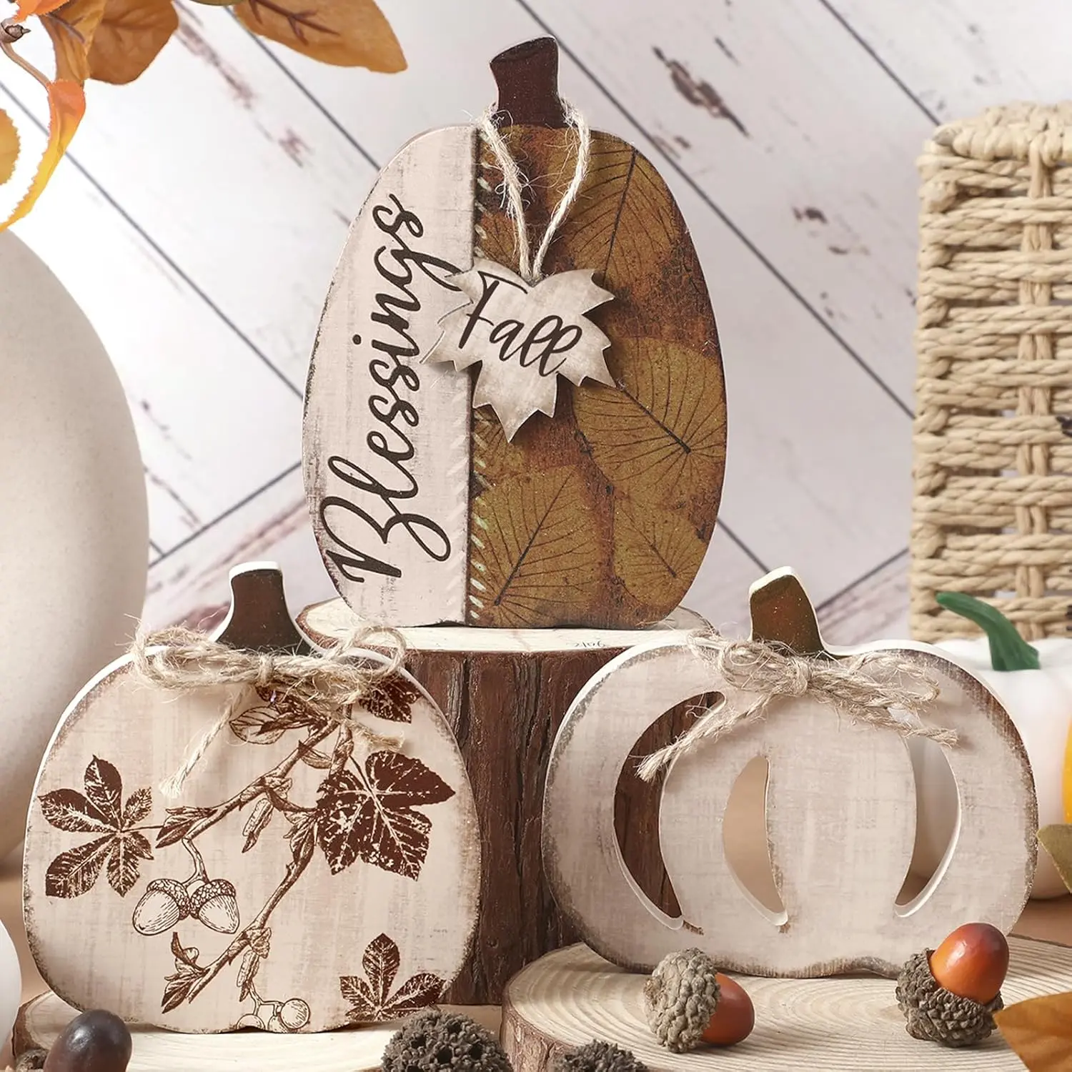 3 count Fall Pumpkin Table Decor Rustic Pumpkin Block Wooden Signs Thanksgiving  Tiered Tray Decor Farmhouse Table Centerpiece for Autumn Thanksgiving  Office Decorations