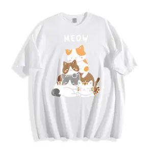 Cute Kawaii Cat Design Unisex T-Shirt Meow Text And Playful Cats Graphic Perfect For Casual Wear In Spring And Summer Ideal Gift For Cat Lovers And Pet Enthusiasts