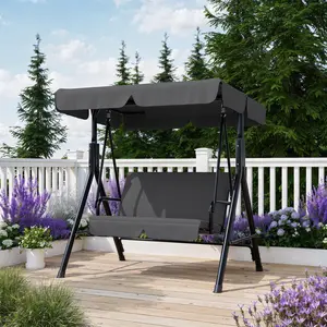 GAOMON Outdoor Porch Swing with Adjustable Canopy, 3-Seat Patio Swing Chair with Stand, Heavy Duty Outdoor Swing for Adults, Metal Frame Patio Swing for Garden, Backyard & Poolside,Grey