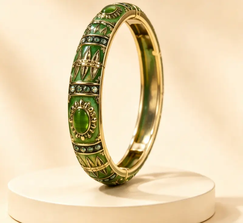 Women's Fashion Artificial Gemstone Bangle - Elegant Green Enamel, Gold Accents, Gemstone Details Jewelry Accessory