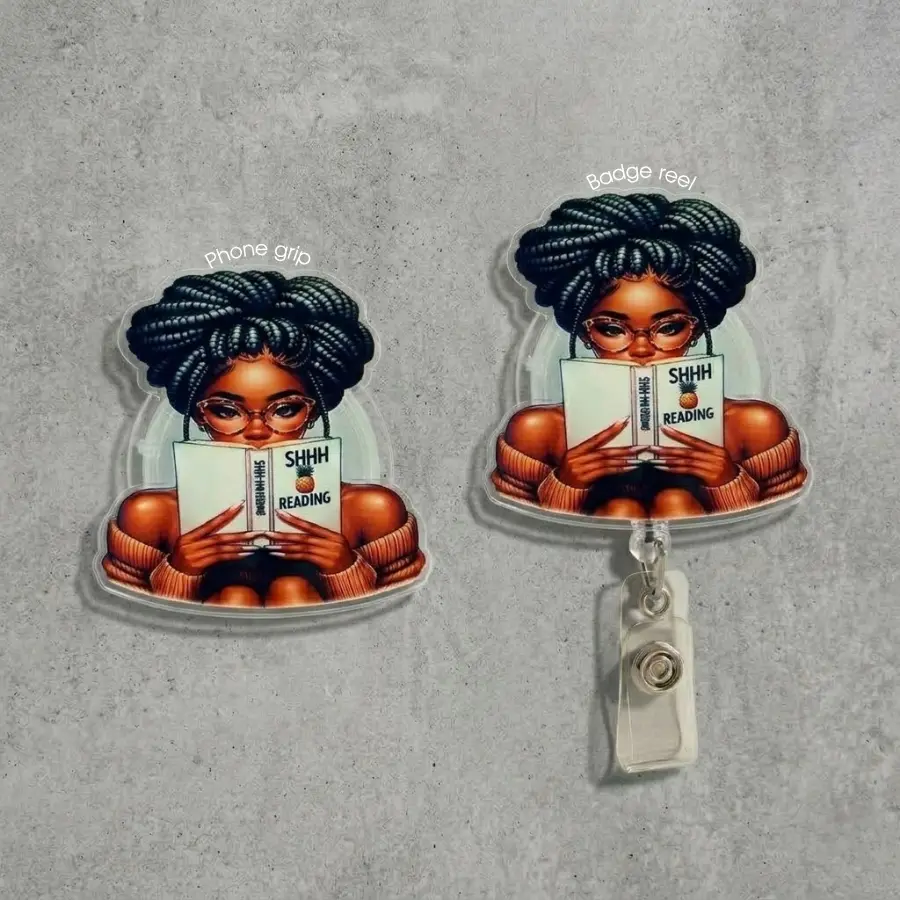 Bookish Girl Shhh I’m Reading Kindle Grip & Badge Reel, Books Lover Accessories, Phone Holder For Her, Melanin Girl With Book, Cute Reading Gift