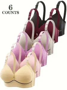 6-Pack Wireless Push-Up Everyday Bras, Seamless Comfort Fit, Breathable Soft Fabric, All-Season Wear, Full Coverage, Plain Design, Elegant Underwear, Womenswear