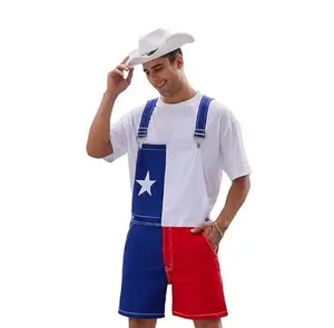 Men's Texas Flag Stretch Denim Overalls Shorts Patriotic USA Adjustable Strap Bib Coveralls with Zipper Jumpsuit