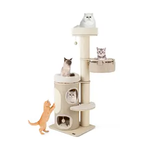 COSTWAY - 61 Inches Cat Tree for Indoor Cats with 2-stoery Condo and Top Perch-Natural