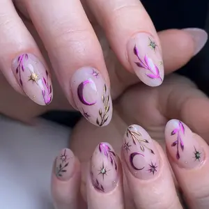 Women's Short Oval Press-On Nails, Purple Moon Star Leaf Glossy Chrome Reusable Acrylic Glue-On Artificial Decorations for Nail Art