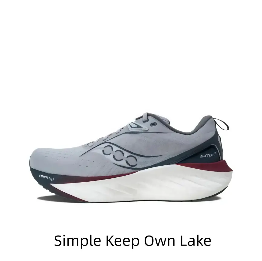 Elegant light gray running sneakers with breathable perforated mesh upper, dark gray outline graphics and white wave midsole with burgundy trim, perfect for daily jogging, gym workouts and low saturation retro casual sport streetwear outfits