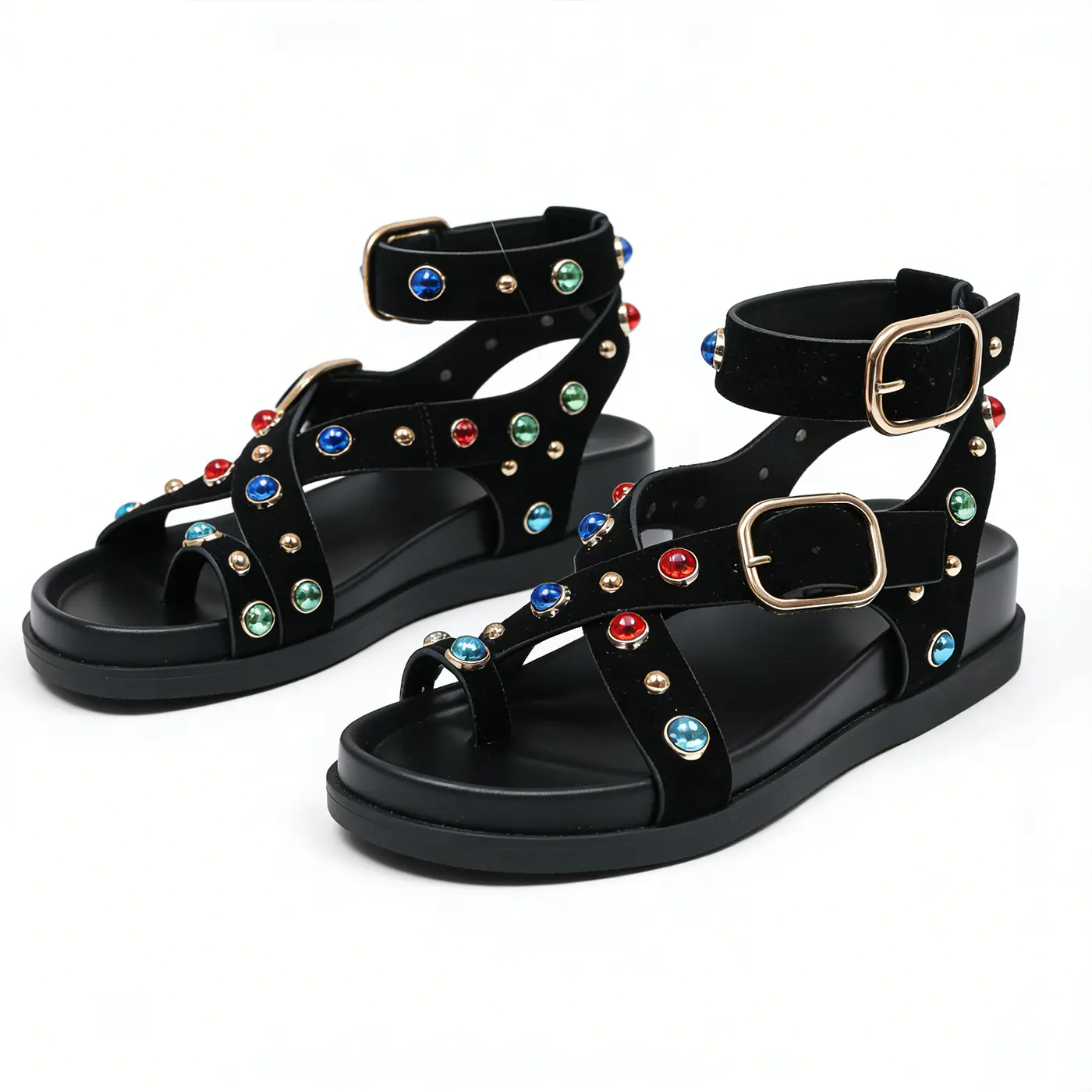 Open Toe Flat Sole Black Gladiator Sandals Women's Colorful Rhinestone Studded Footwear Gold Buckle Ankle Strap Design Soft Suede Straps Comfortable Platform Insole Trendy Summer Beach Shoes