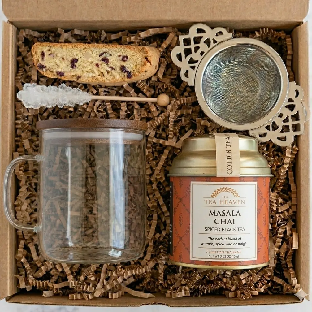 Tea Lovers Gift Basket: Glass Mug, Tea Tin, Tea Strainer, Biscotti, Sugar Stick