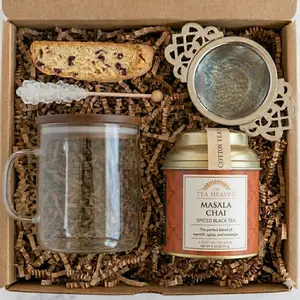 Tea Lovers Gift Basket: Glass Mug, Tea Tin, Tea Strainer, Biscotti, Sugar Stick