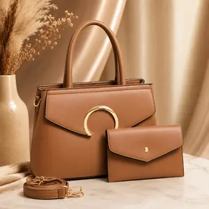 Brown Tote Bag Set for Women, Vintage PU Leather Handbag with Matching Wallet, Gold Ring Accent and Detachable Shoulder Strap