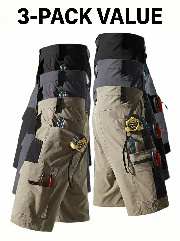 3-Pack Multi-Functional Tool Shorts — Durable, Scratch-Resistant Men’s Knee-Length Work Shorts for Jobsite and Outdoor Use