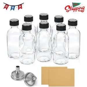 8 Pack, 2 oz Small Clear Glass Bottles w/Lid & 2 Funnels - 60ml