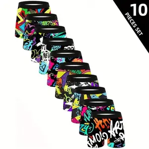 10pcs Men's Cartoon Tie-Dye Striped Boxer Briefs - Soft, Comfortable & Breathable Polyester Blend, Vibrant Athletic & Everyday Shorts for Casual Wear Menswear Mixed Color Socks Beige