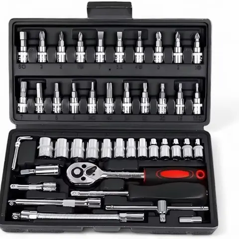 46-Piece 1/4 Inch Metric CR-V Steel Socket Wrench Hand Tools Set - Premium Ratchet with Quick-Release, Extension Bar, Compact Organized Storage Tool Box, Tight-Space Reach for Auto Repair & Home Jobs, Efficient Swaps for DIY