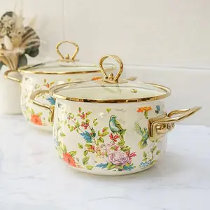 Floral & Bird Pattern Soup Pot with Lid & Handle, Large Capacity Dutch Oven Pot Cooking Pot, Colorful Elegant Kitchen Cookware for Gas Home Dining Room Picnic