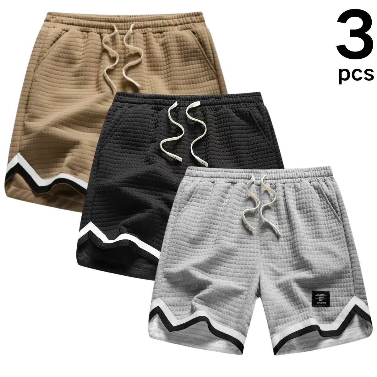 Men's solid color waffle texture shorts sports pants with elastic drawstring and letter pattern embroidery, featuring slant pockets suitable for summer wear