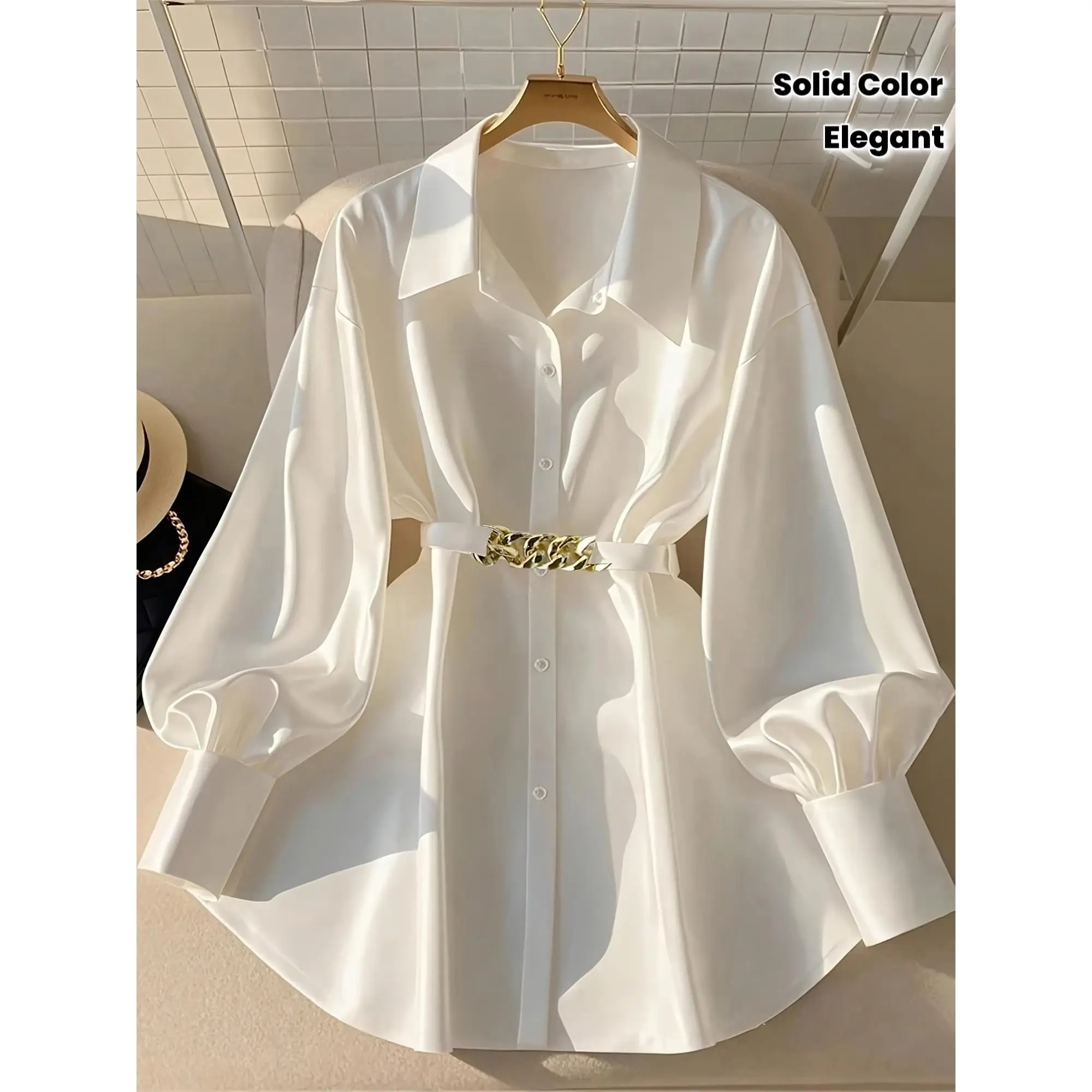 Women's Elegant Plain Long Puff Sleeve Lapel Collar Button-Front Belted Waist Polyester Blouse, Top
