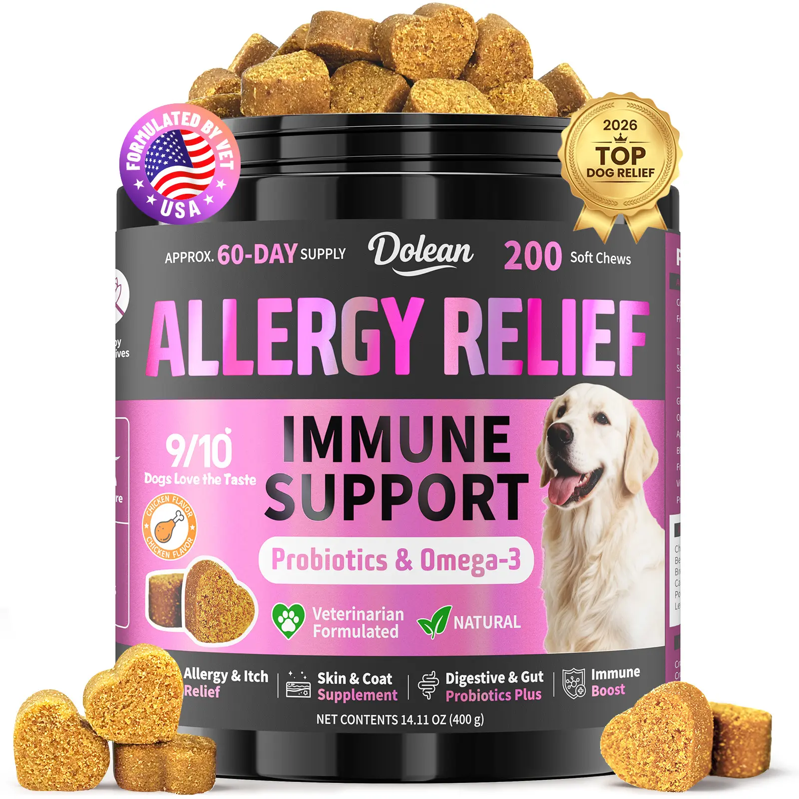 #SummerWins #DealsForYouDays Dog Allergy Chews, Dog Allergy Relief for Itching Skin, Paw Licking, Yeast Relief, Hot Spots, Itchy Ears & Seasonal Allergies, Immune Support– with Colostrum, Probiotics – Chicken Flavor (200ct)