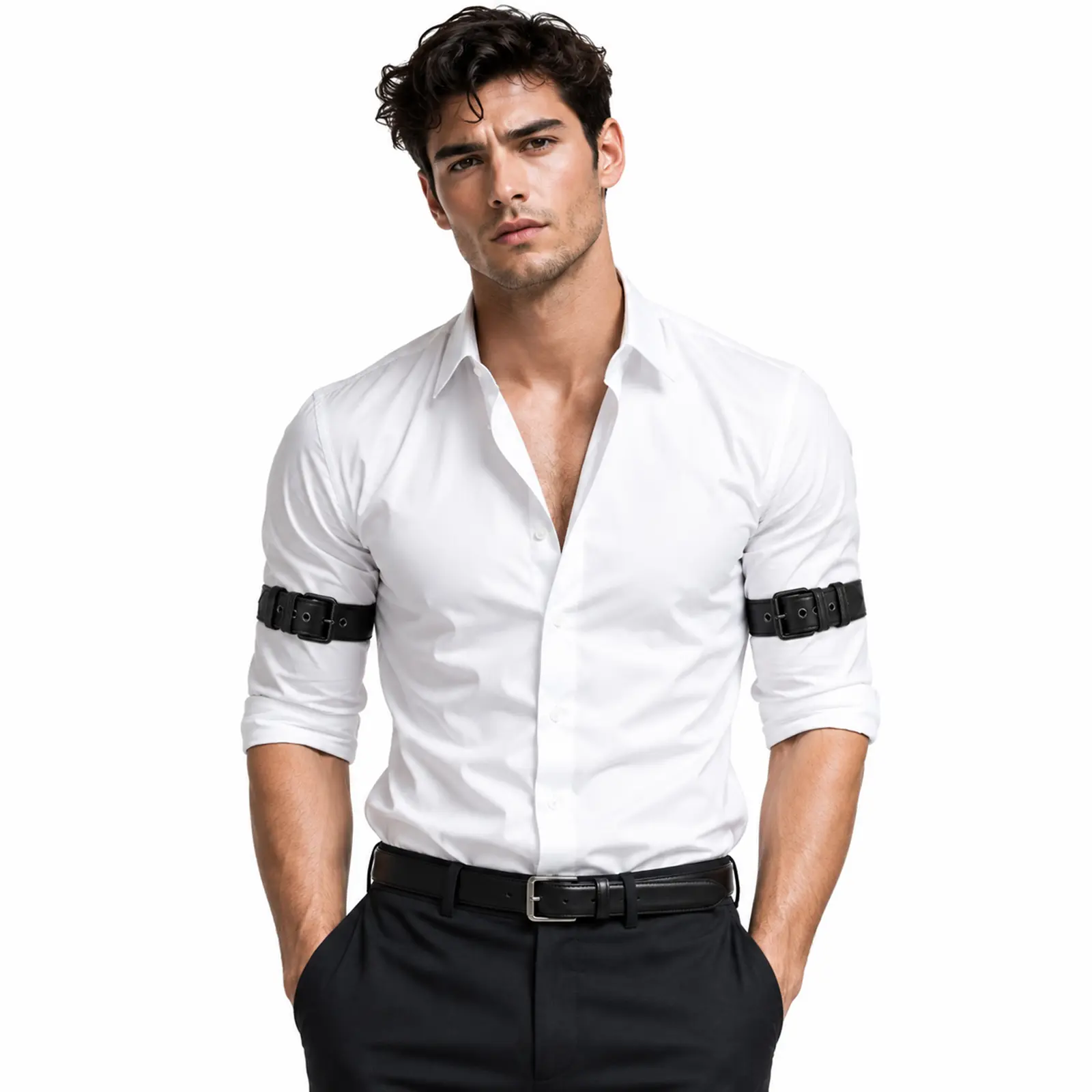 Men's PU Leather Armbands, 1 Pair Adjustable Buckle Bicep Straps for Harness Apparel Belt
