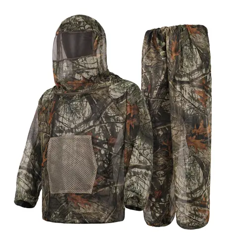 LOOGU Polyester Outdoor Camouflage 2-Piece Mosquito Protection Set - Net Hooded Jacket with Zipped Head Cover, Adjustable Cord Locks Net Pants for Hunting, Hiking, Camping, Bee Keeping