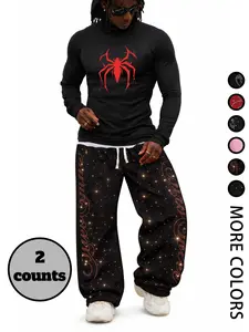 Men's Spider-Print Long-Sleeve Top & Rhinestone-Embellished Baggy Sweatpants 2-Piece Set – Stretchy Fabric, Relaxed Fit for Streetwear/Casual, Multiple Sparkly Color Options