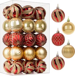30ct 2.36 Inch Christmas Tree Balls Ornaments, Colored Shatterproof Plastic Decorative Baubles Decorations for Xmas Tree Decor Holiday Party Wedding Decoration (Red & Gold, 60mm)