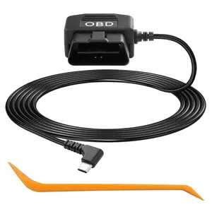 OBD Power Cable for Dash Camera OBD2 to Type C Adapter Hardwire Charger Cable 24 Hours Surveillance/Acc Mode with Low Voltage Protection 13-40V to 5V 3A (11.5FT/3.5M) (Right Angle USB C)