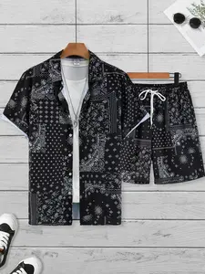 Men's Black & White Bandana Pattern 2-Piece Casual Set - Short-Sleeve Button-Up Shirt + Drawstring Shorts, Lightweight Breathable Fabric, Relaxed Oversize Fit, Retro Ethnic Design, Perfect for Summer Outdoor Strolls, Street Hangouts, Beach Vacations