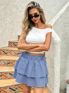 American Streetwear Blue Gingham Sporty Mini Skirt - Drawstring Elastic Waist Ruffle Skirt Y2K Coquette Gingham Sporty Mini Skirt - Drawstring Ruffle Active Skirt Light Sport Casual Gingham Mini Skirt - Elastic Waist Ruffle Versatile Active Skirt
