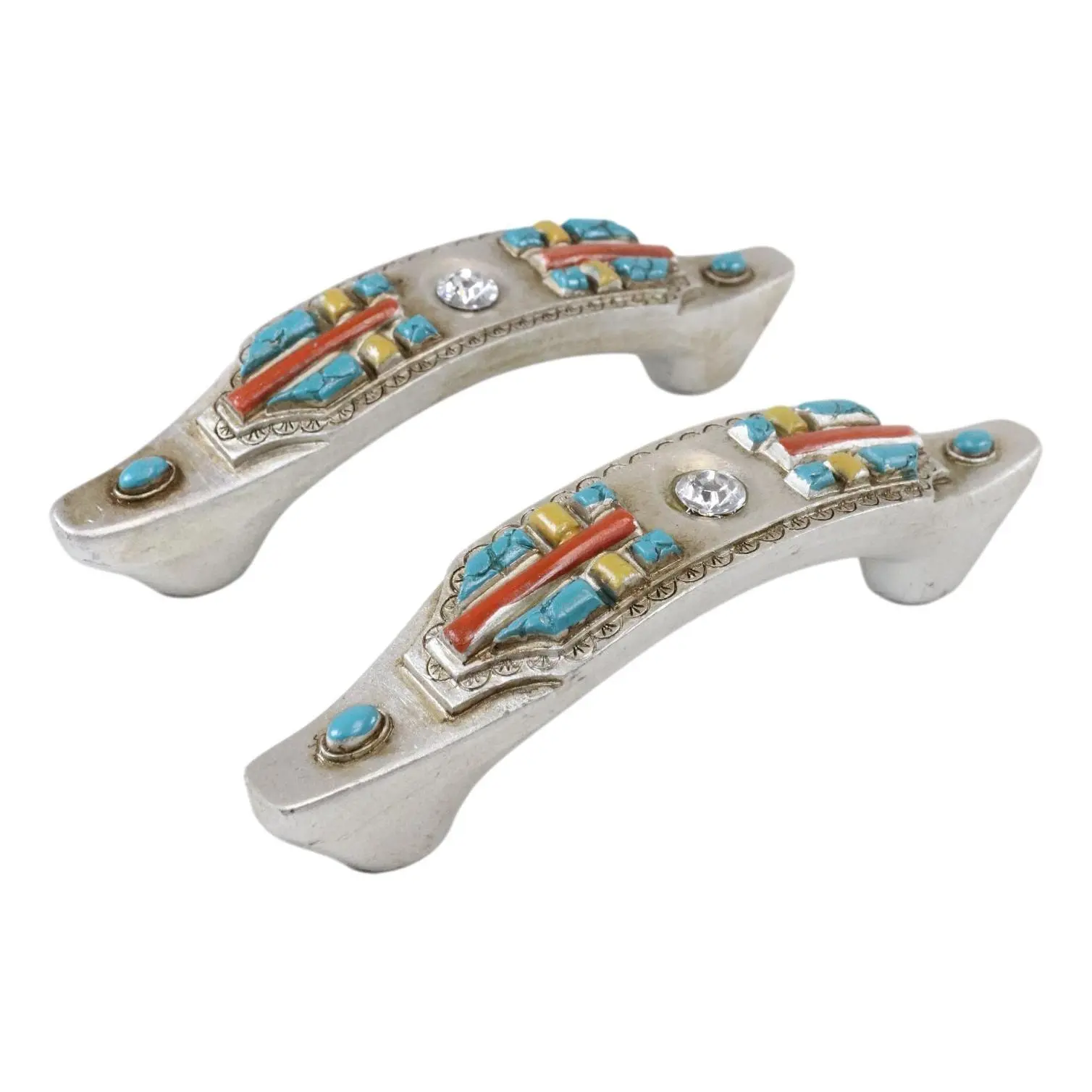 Set of 8 Rustic Southwestern Turquoise Cross Gemstones Crystal Cabinet Bar Pulls