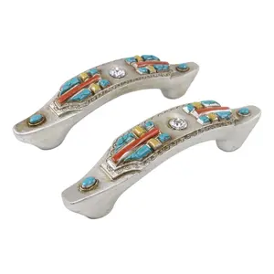 Set of 4 Rustic Southwestern Turquoise Cross Gemstones Crystal Cabinet Bar Pulls
