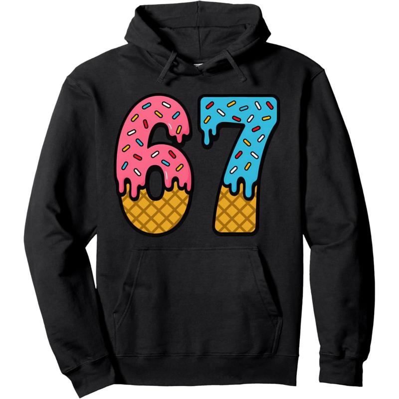 Women's 67 Number Six Seven Alpha Slang Ice Cream Drip Funny Meme Graphic Hoodie - Cotton Blend Black Long Sleeve Pullover Regular Fit | Soft & Breathable Fabric, Durable Print, Everyday Comfort, Machine Washable, cartoon ice cream drip casual fun fashion