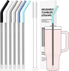 40 oz Straight Metal Straws for 40 oz  Tumbler, 6 count Stainless Steel  Drinking Metal Straw with Colourful  Tips,Straw for Glass Cups,