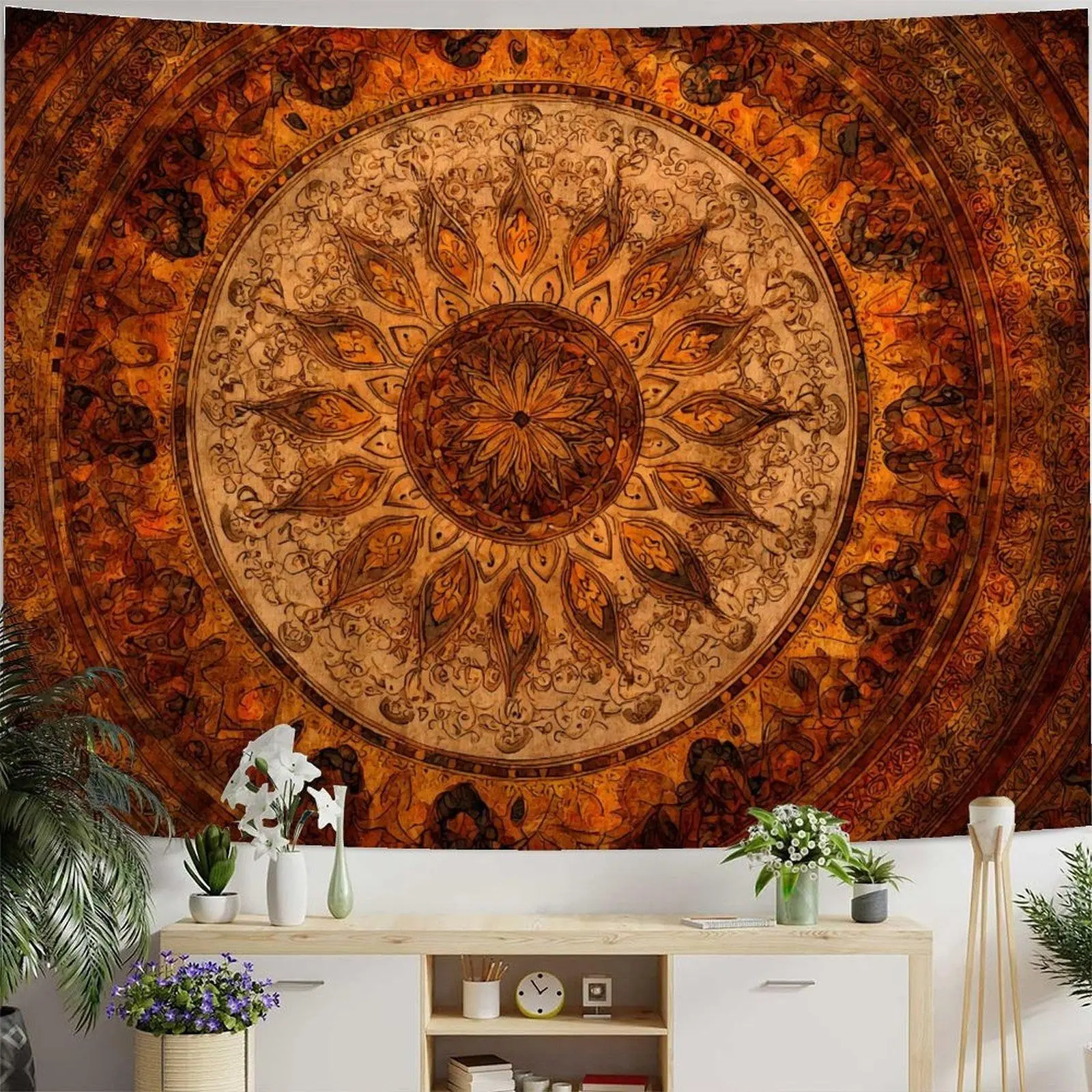 Boho Mandala Tapestry Wall Hanging Hippie Bohemian Floral Medallion Indian Tapestry Aesthetic Wall Art Small Vintage Orange Brown Tapestries for Bedroom Living Room Dorm Decor Gift Flowers