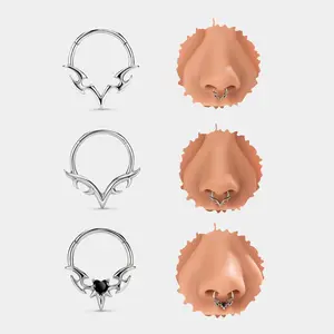 OUFER 16G Stainless Steel Segmented V-Shape Blade Wings Clicker Hinged Septum Ring, Elegant Fashion Body Jewelry for Nose Piercing, Stylish Everyday Wear Accessory