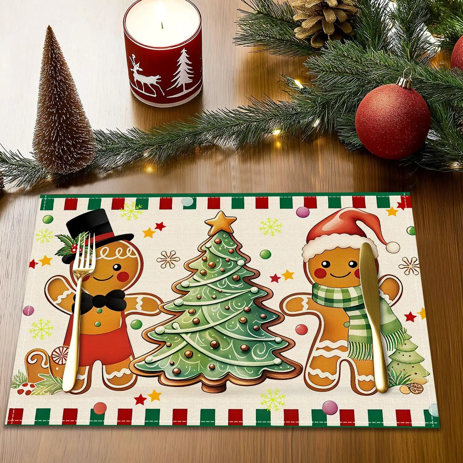 Christmas Happy Meal Mat, Anti-Slip Insulated Table Pad, Gingerbread Man Christmas Socks Pattern Cup Mat, Placemat